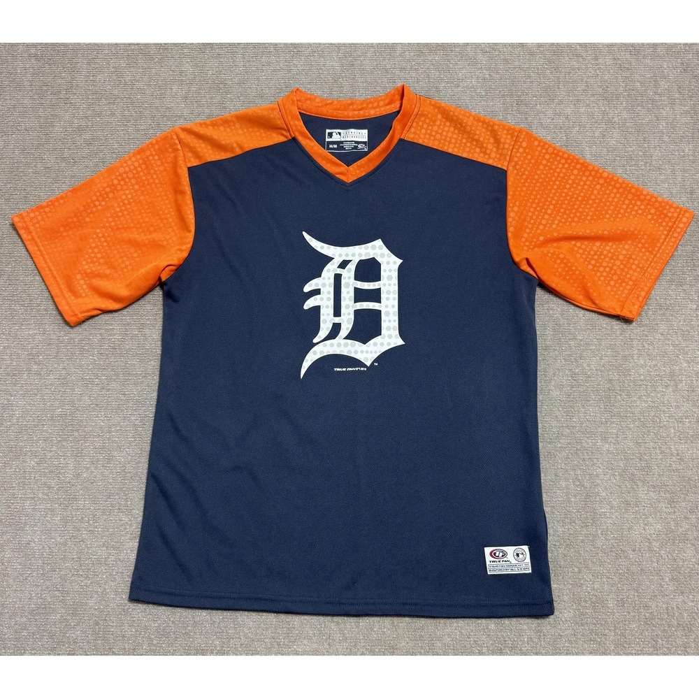 Detroit Tigers Shirt Mens Medium Navy Orange MLB Baseball True Fan V-Neck Top